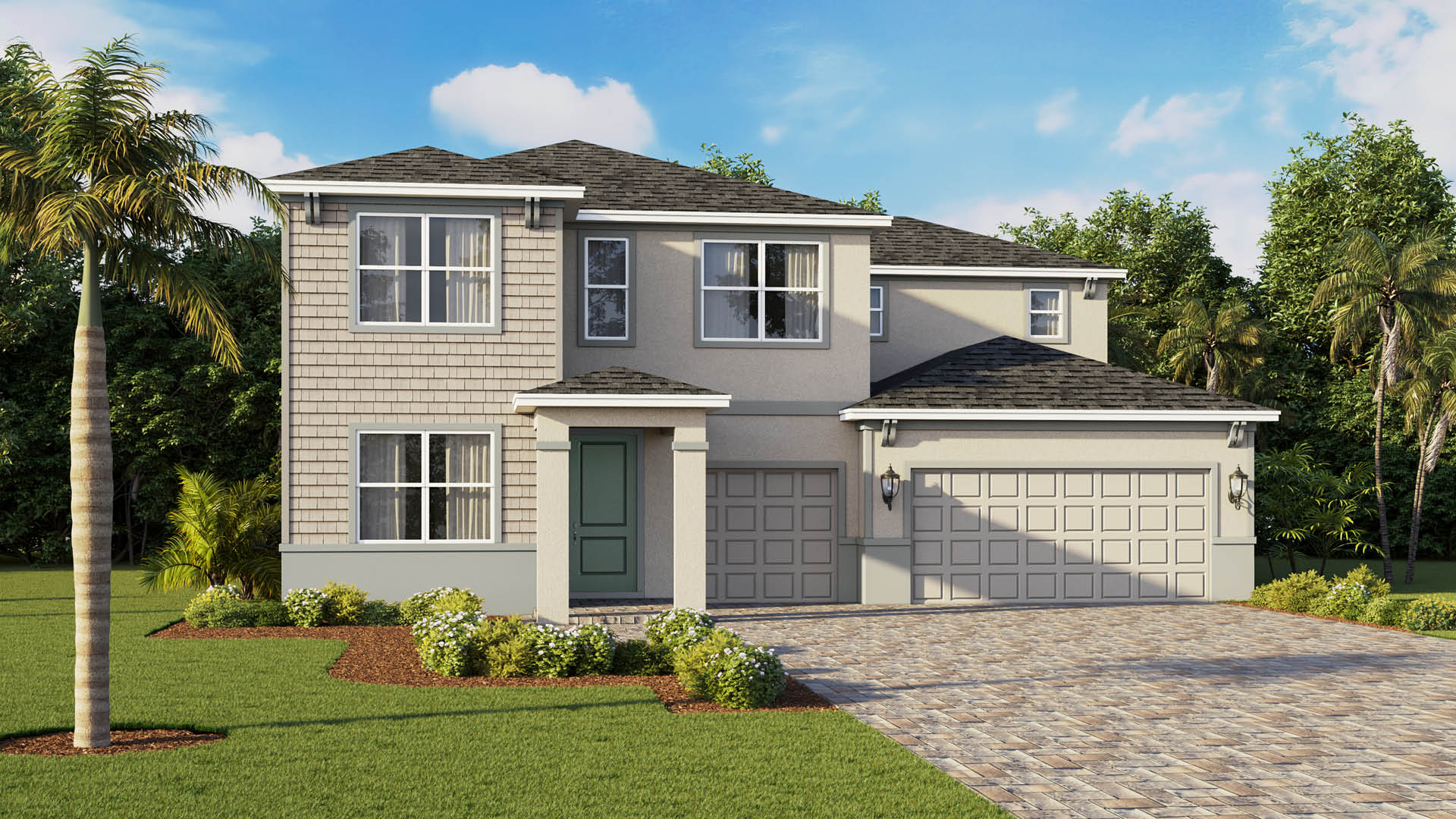 A two-story suburban house with gray siding, a green front door, and a three-car garage. It's surrounded by a lush lawn, palm trees, and a paver driveway.