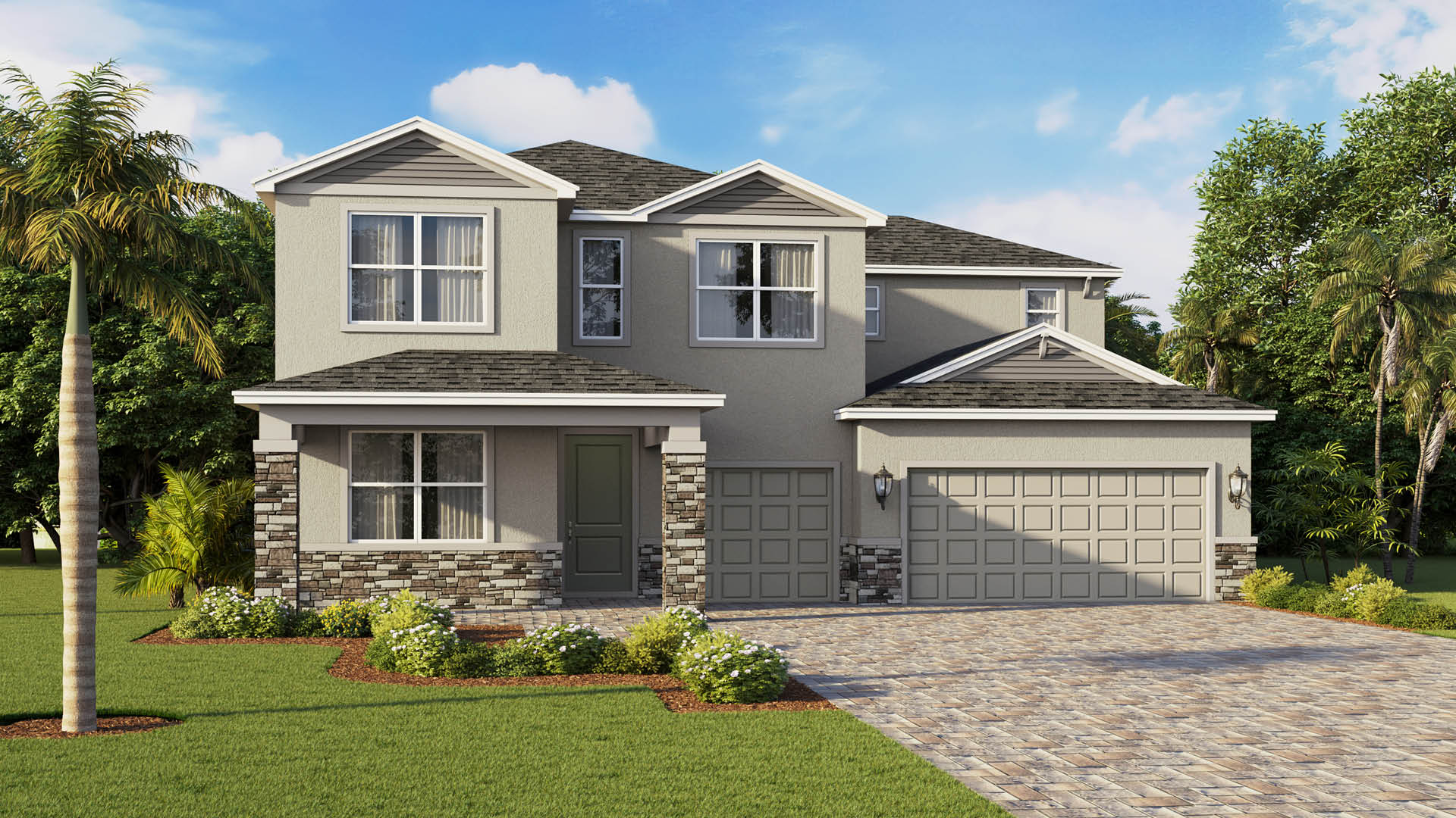 Two-story suburban home with gray siding, stone accents, and a three-car garage.
