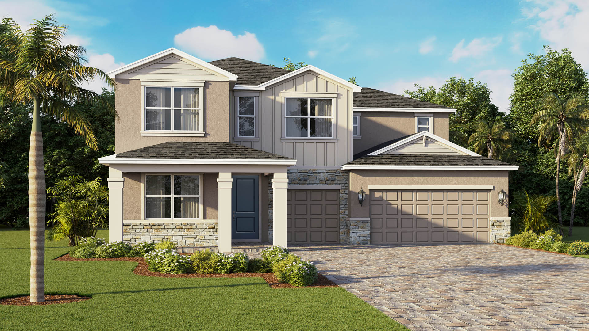 Two-story suburban house with stone accents, a three-car garage, and a paved driveway.