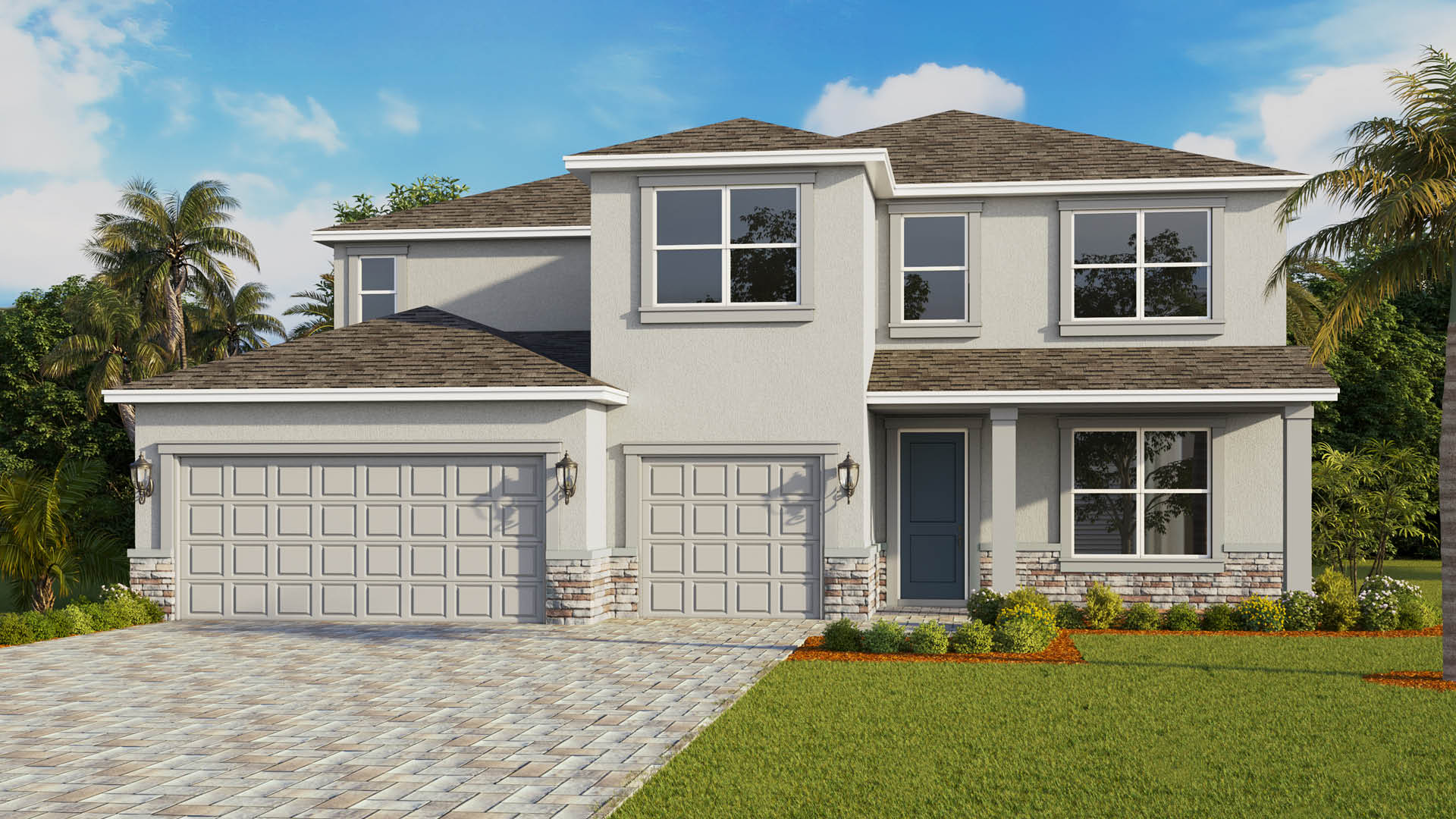 Modern two-story house with light gray exterior, stone accents, large windows and a three car garage.