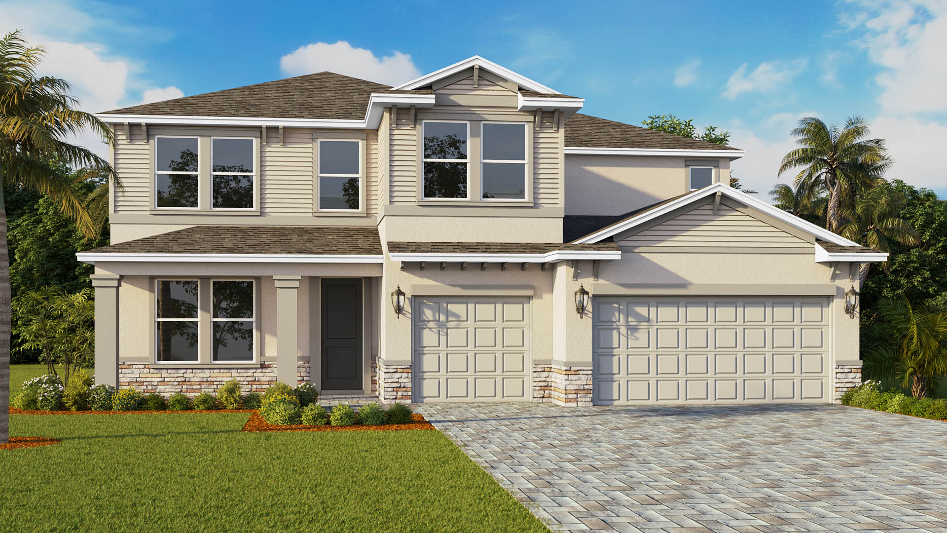 A modern two-story house featuring a stone accent, and three car garage.