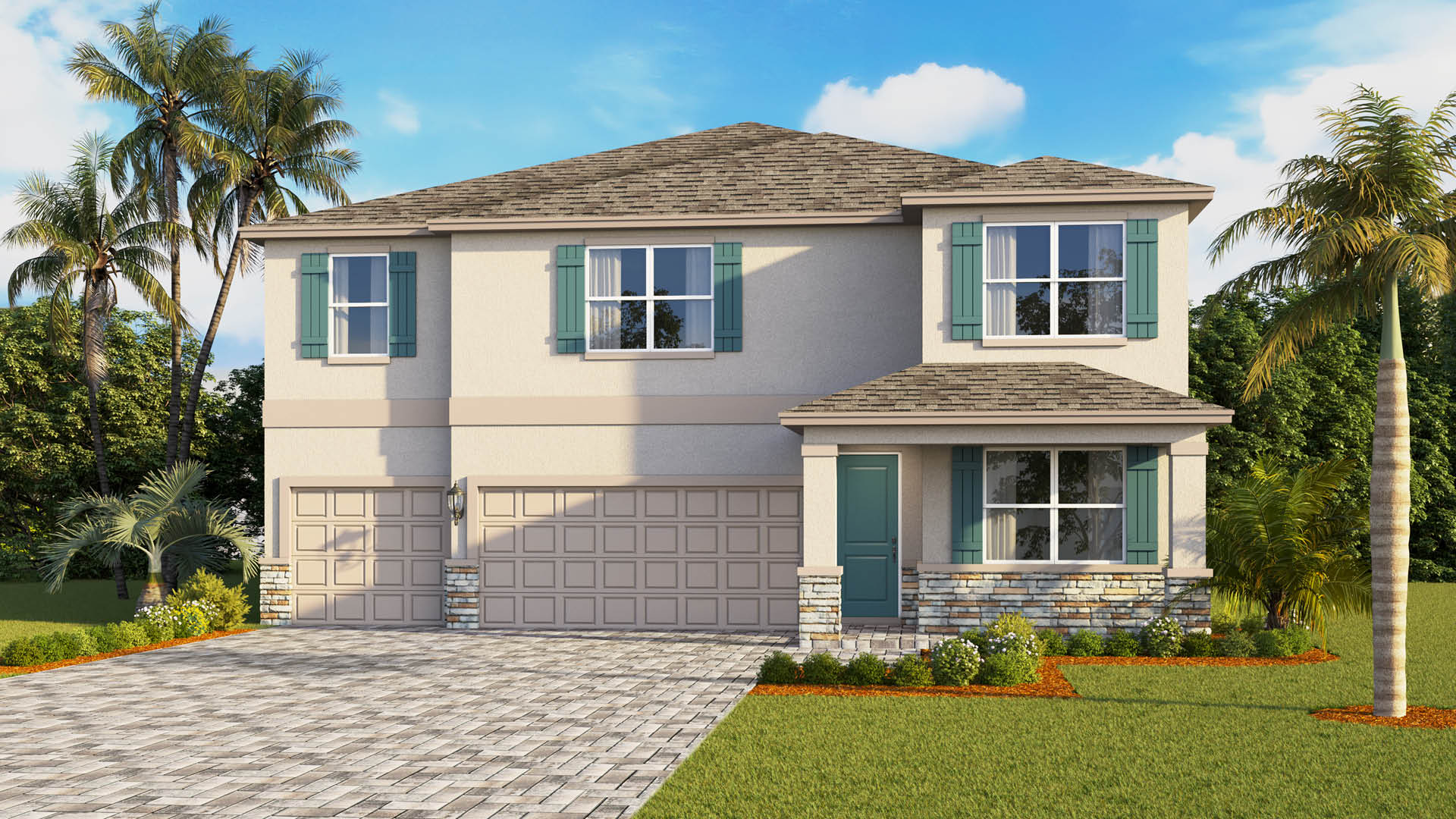 Two-Story home beige home with teal shutters and front door. Three car garage with paver driveway.