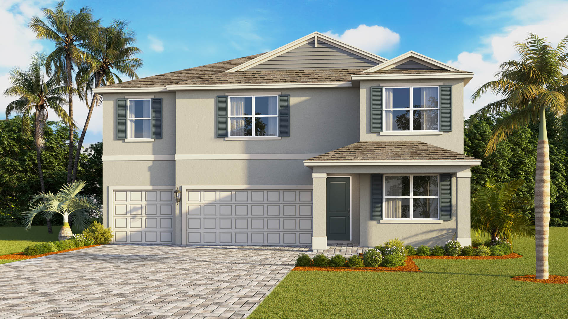 Two-Story gray home with brown shingled roof, white trim and sage color shutters and front door. Three car garage with paver driveway.