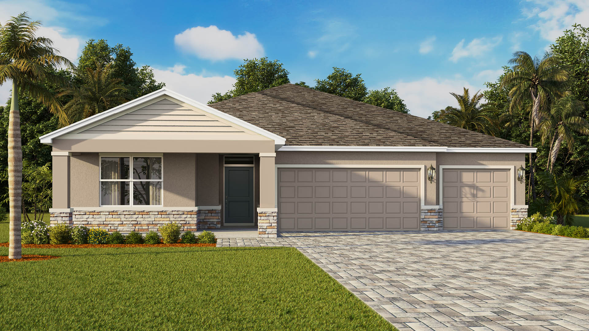 Modern single-story house with stone accents, three-car garage, and lush greenery surrounding a paver driveway.