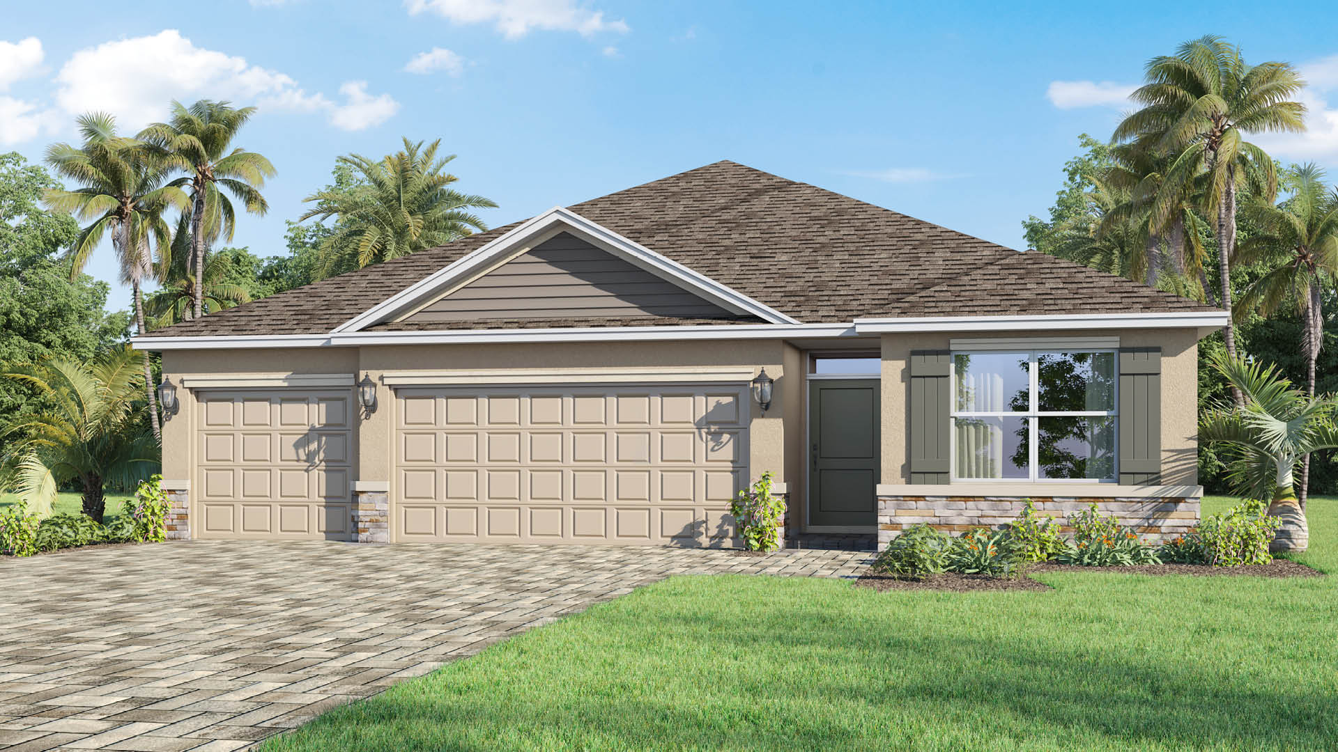 A modern single-story house with a three car garage, gray facade, and shingle roof.
