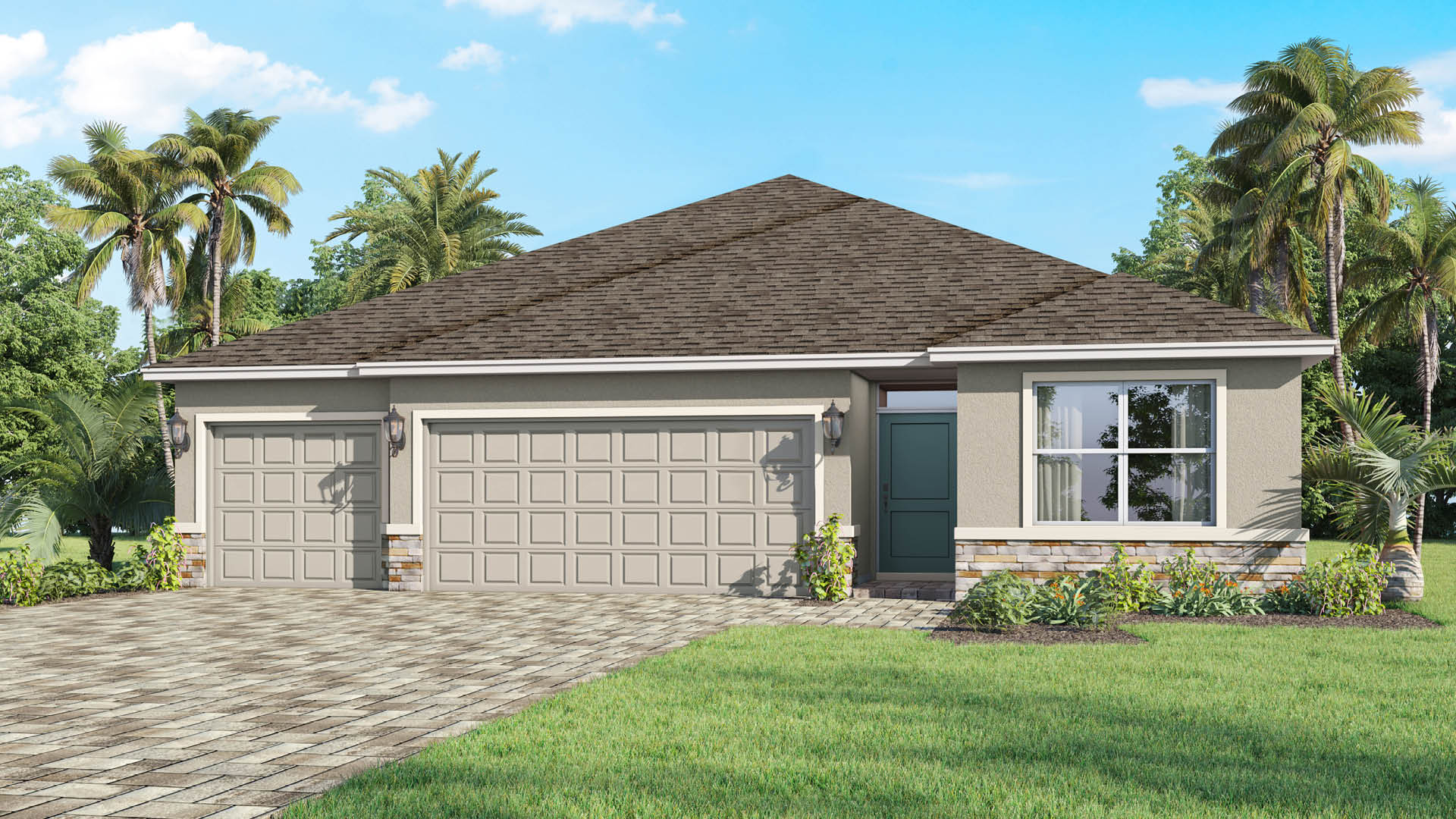 Single-story home with grey facade, white trim, three car garage and paver driveway.