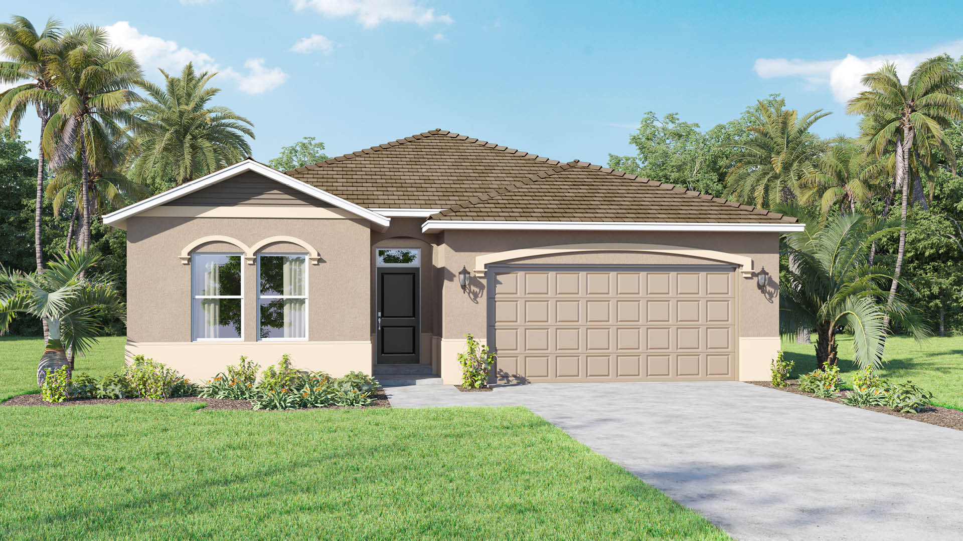 A single-story stucco house featuring a brown tiled hip roof, arched front windows, a dark entry door, and a two-car garage.