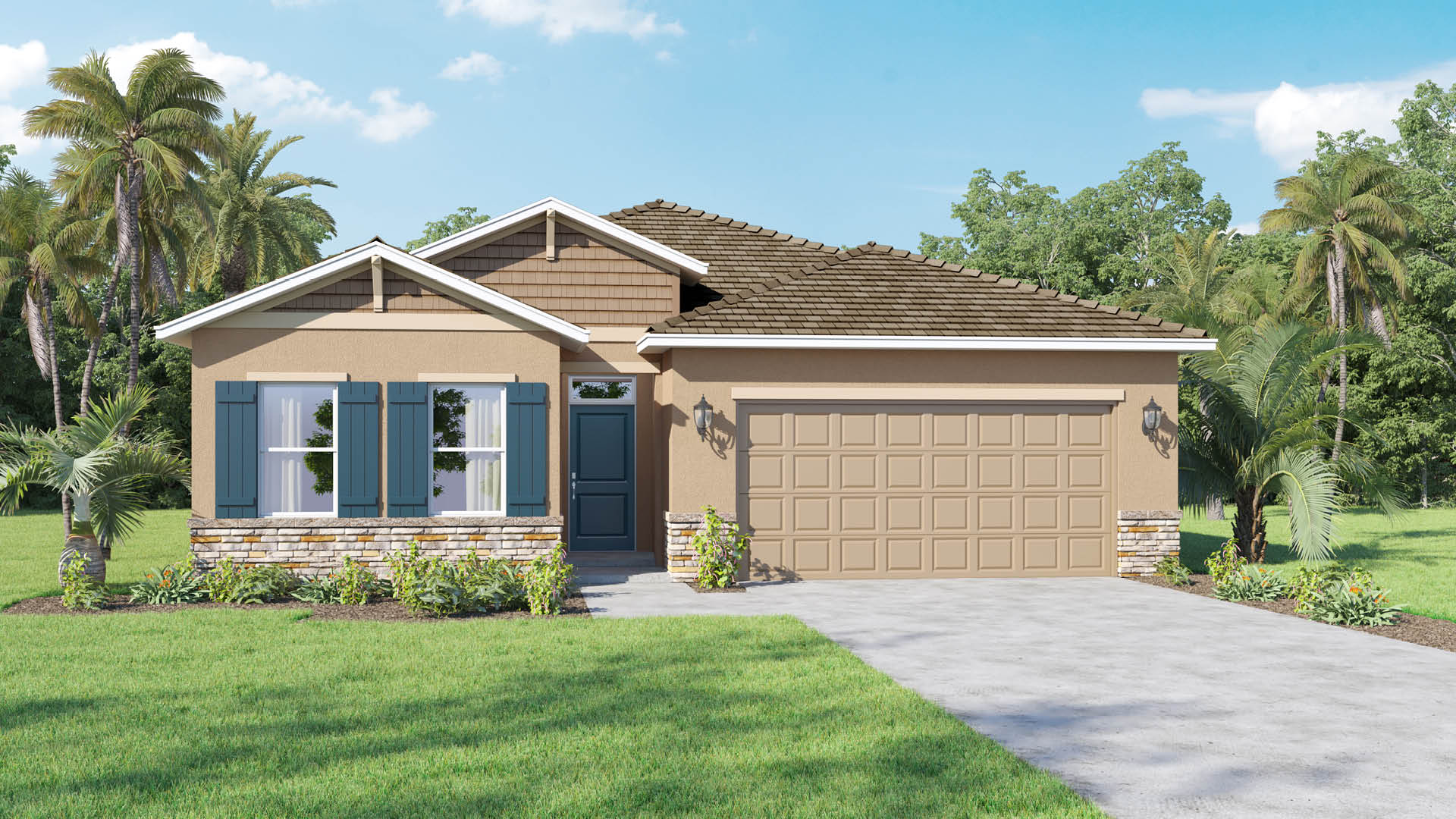 A single-story stucco house featuring blue shutters, a stone veneer base, a brown tiled roof, a two-car garage, and a dark blue front door.