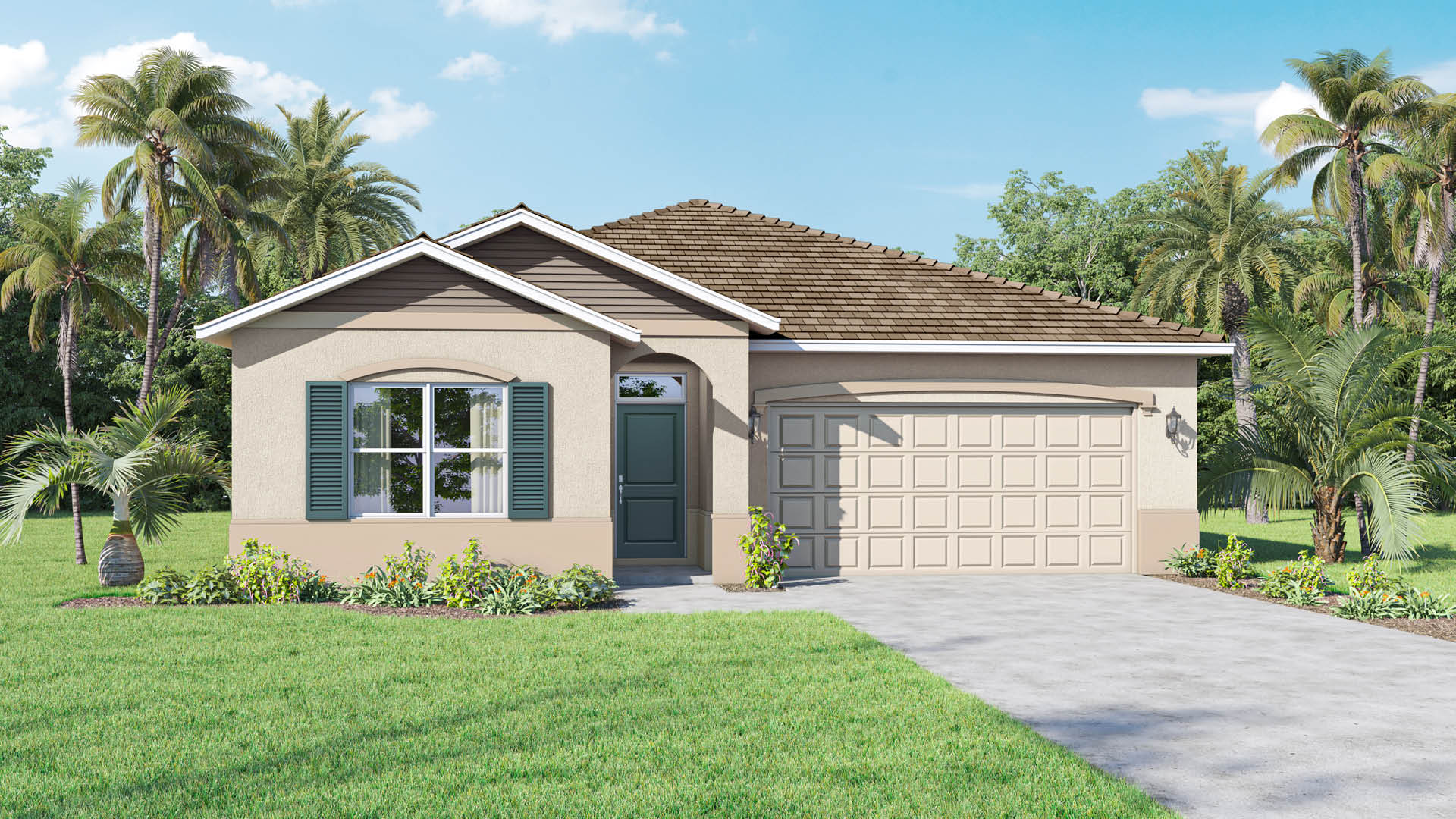 A single-story single-family home featuring a tan stucco exterior, architectural shingle roof, a two-car garage, and dark green shutters on the front window, surrounded by green grass and palm trees under a bright blue sky.