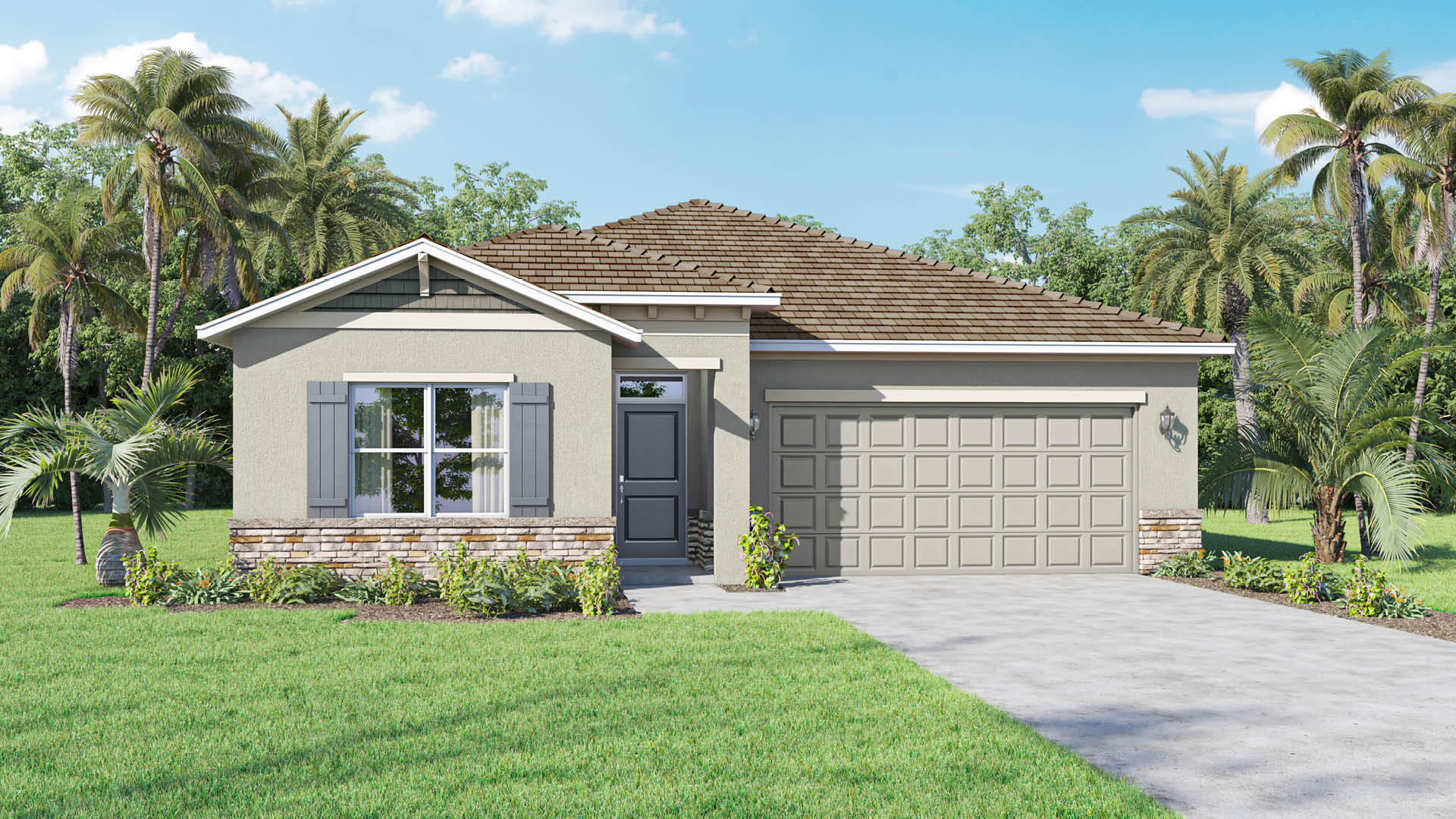 A single-story single-family home featuring a grey stucco exterior with decorative stone accents, grey shutters on the front window, a two-car garage, and a brown shingled roof, surrounded by landscaping and palm trees against a blue sky.