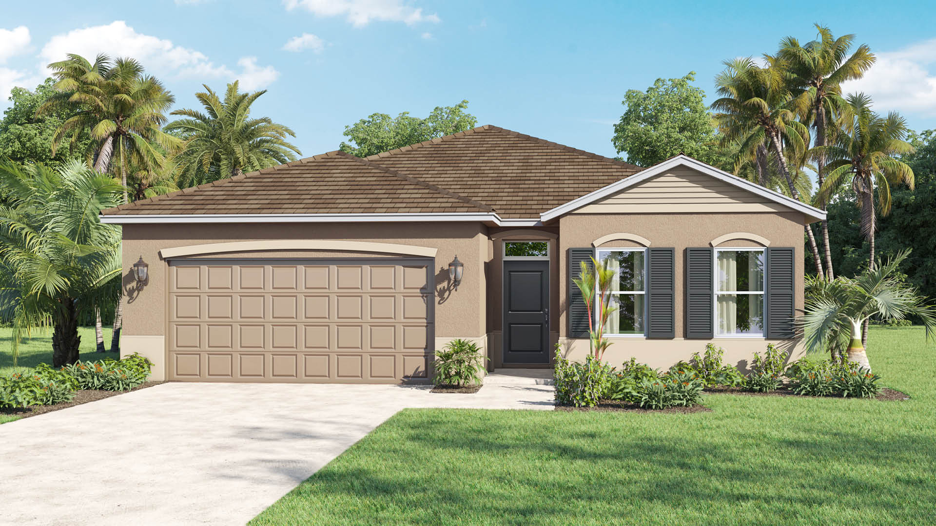 A single-story stucco house featuring a brown tiled roof, a two-car garage, dark shutters, and a dark front door is surrounded by tropical landscaping and palm trees.