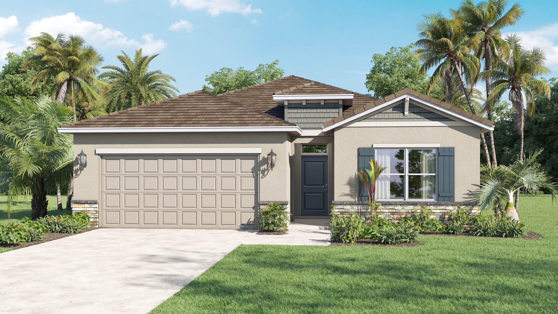 A single-story home features a light stucco exterior, a tan two-car garage, a dark blue front door, stone accents along the base, and a brown tiled roof set against a backdrop of lush palm trees.