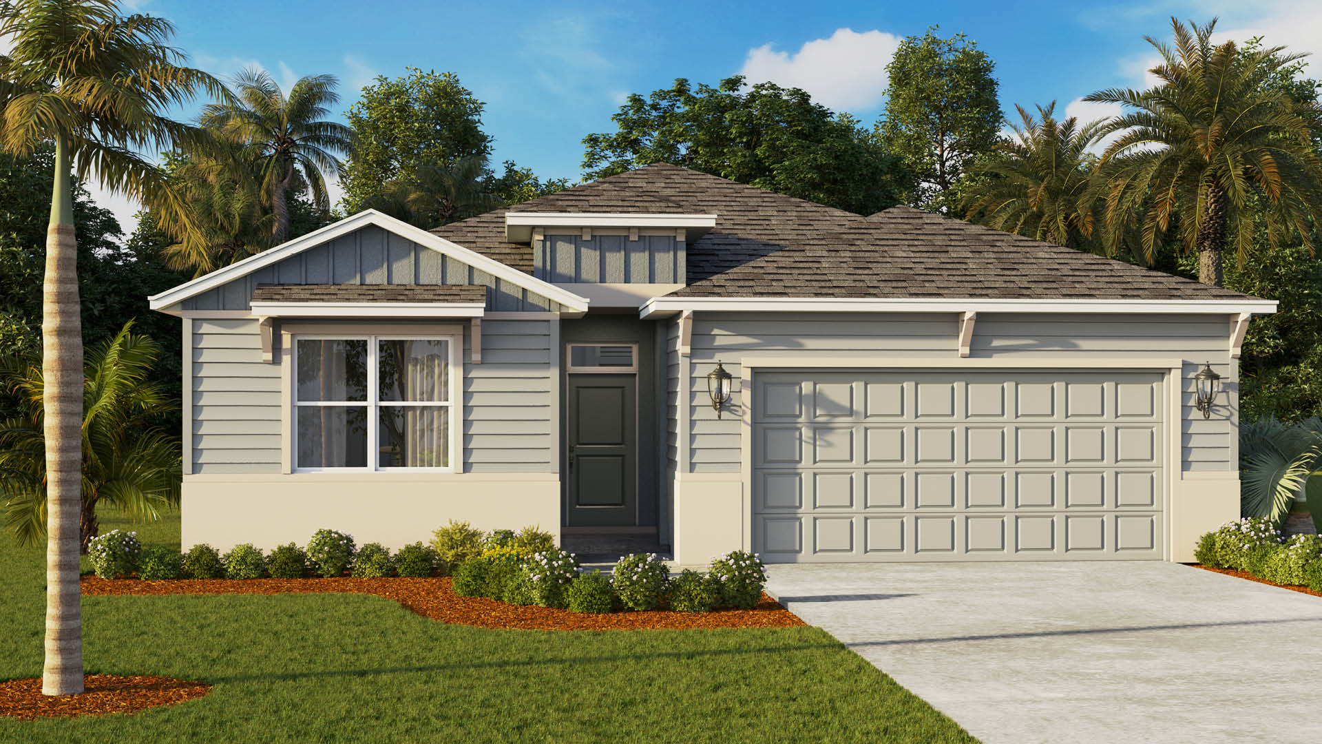 A single-story home features light gray siding with a beige lower trim, a tan two-car garage, a dark gray front door, and a brown tiled roof surrounded by tropical landscaping and palm trees.