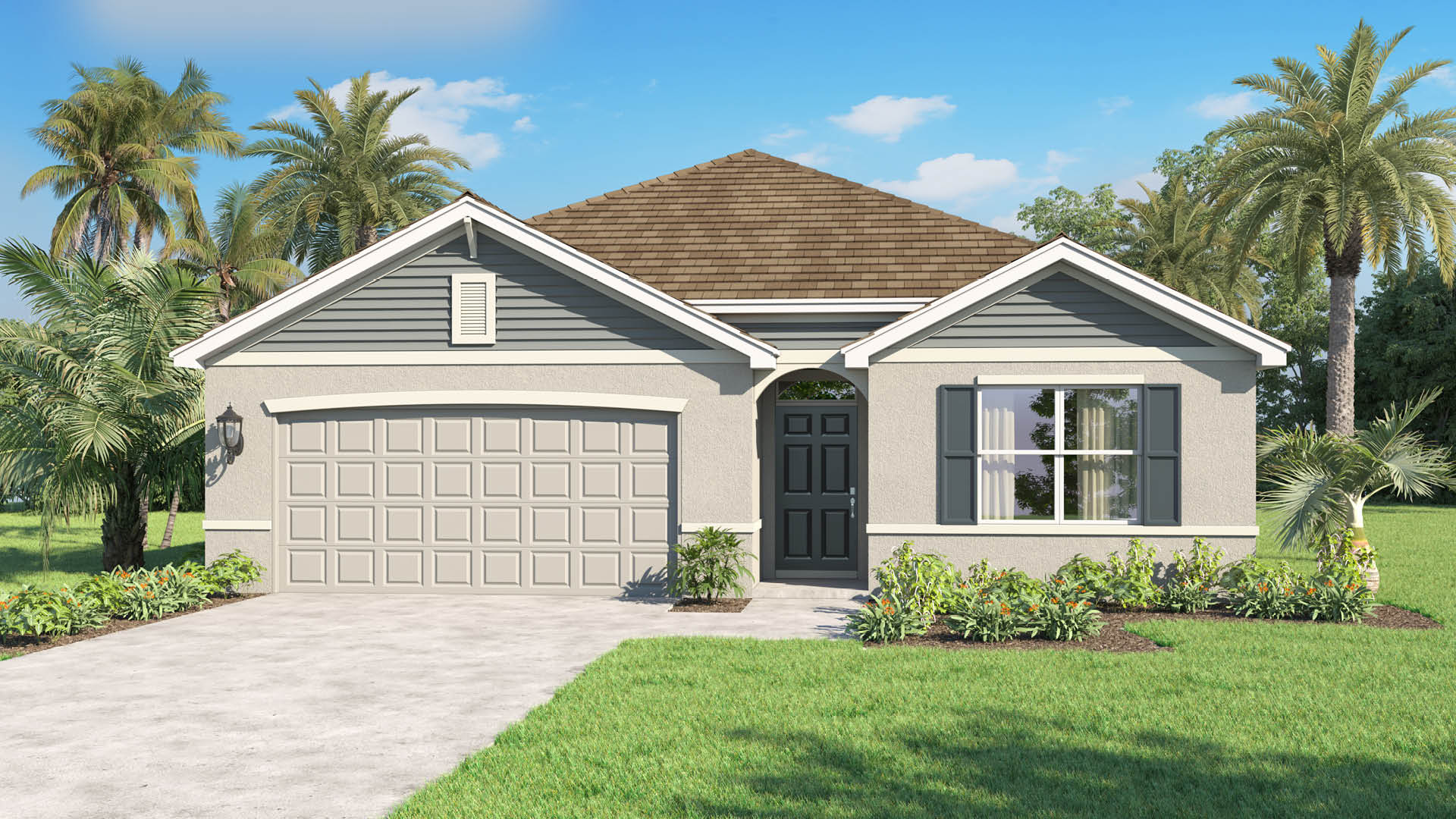 A light gray stucco single-family home with a brown shingled roof features a two-car garage, dark gray siding accents on the gables, a dark front door, and a manicured lawn lined with palm trees.