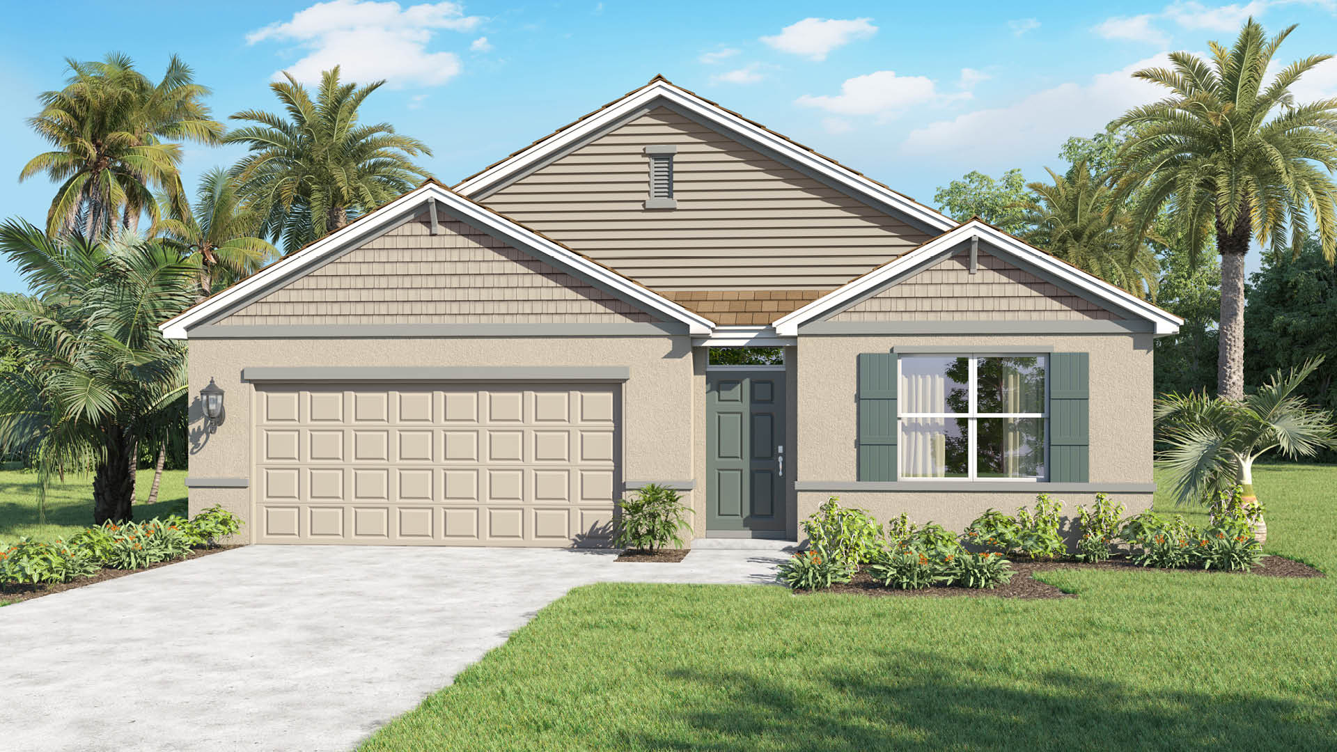 A beige single-family home features a two-car garage, multi-layered gables with horizontal and shake siding, sage green shutters and front door, and a manicured yard with tropical palm trees.