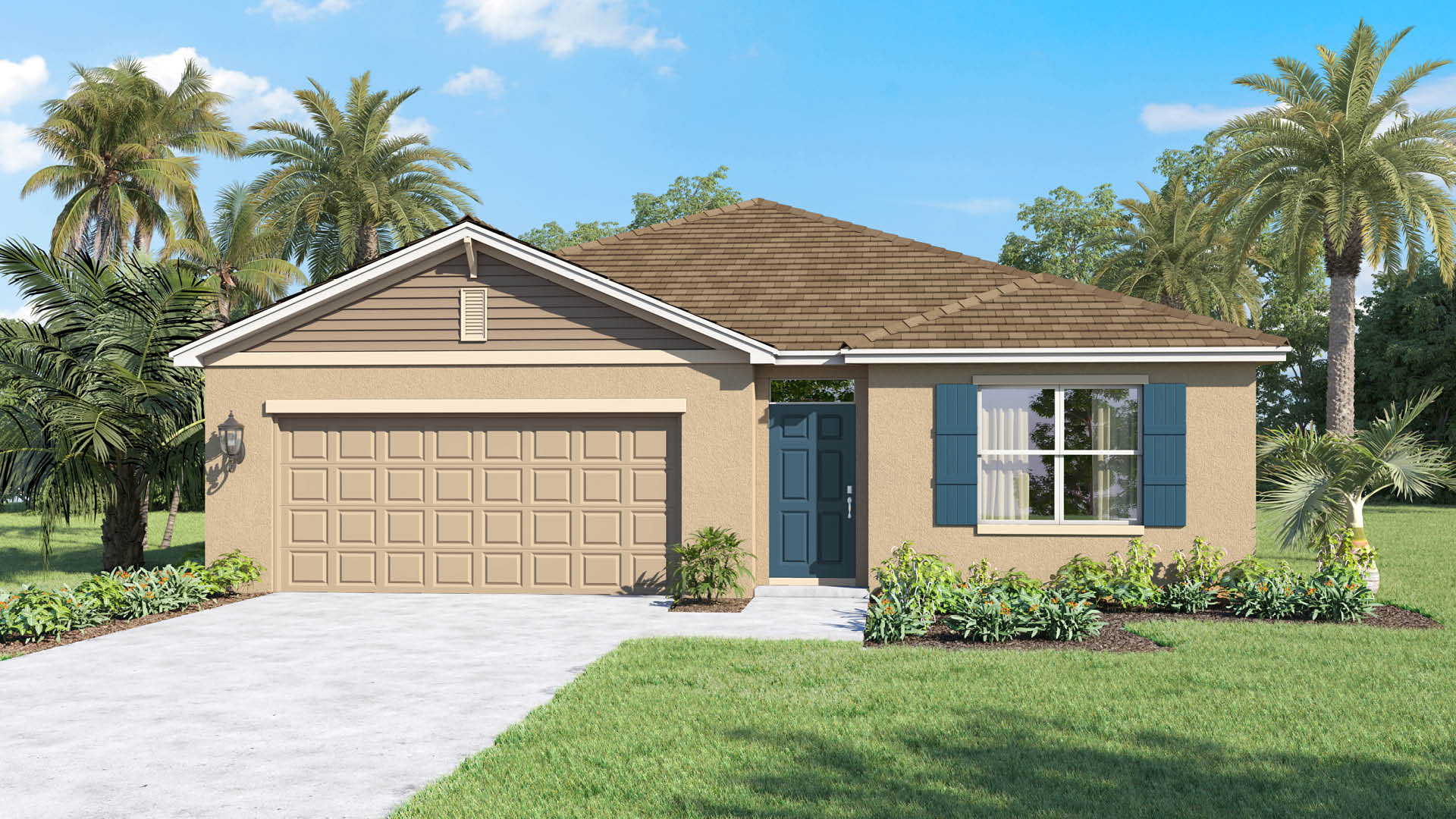 A tan stucco single-family home features a brown tiled hip roof, a beige two-car garage door, a dark blue front door with matching window shutters, and a green lawn landscaped with tropical palm trees.