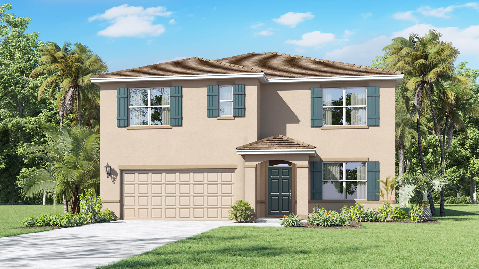A two-story beige house features a brown shingle roof, a two-car garage, and teal decorative shutters framing its windows under a blue, lightly clouded sky.