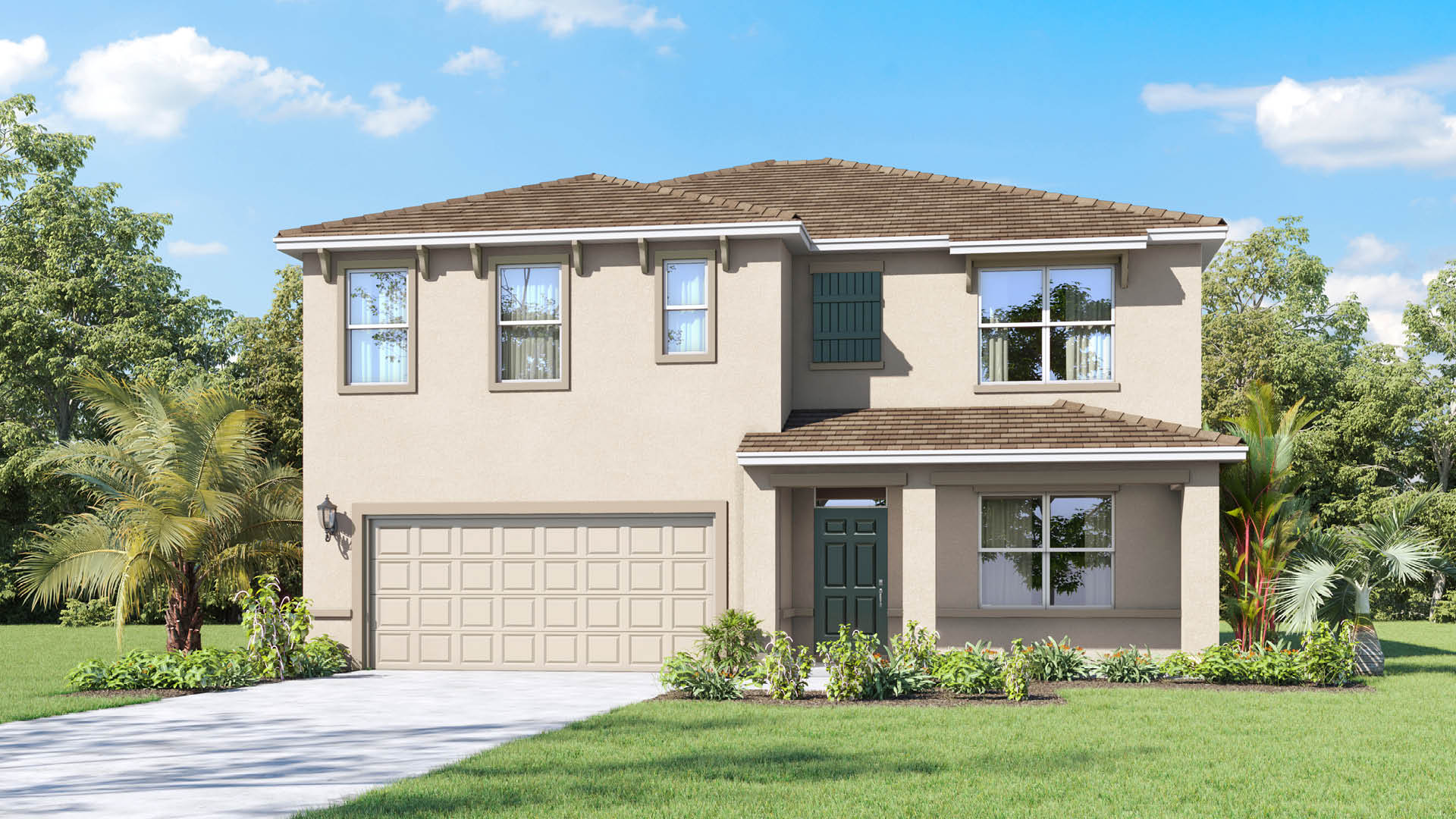 A two-story beige stucco house features a brown tiled roof, a two-car garage, and dark green decorative shutters on select windows, set against a backdrop of trees and a partly cloudy sky.
