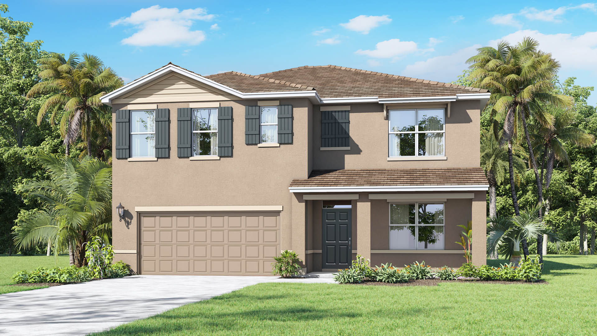 A two-story tan stucco home features a brown tiled roof, dark gray shutters, a front porch, and a two-car garage framed by palm trees.