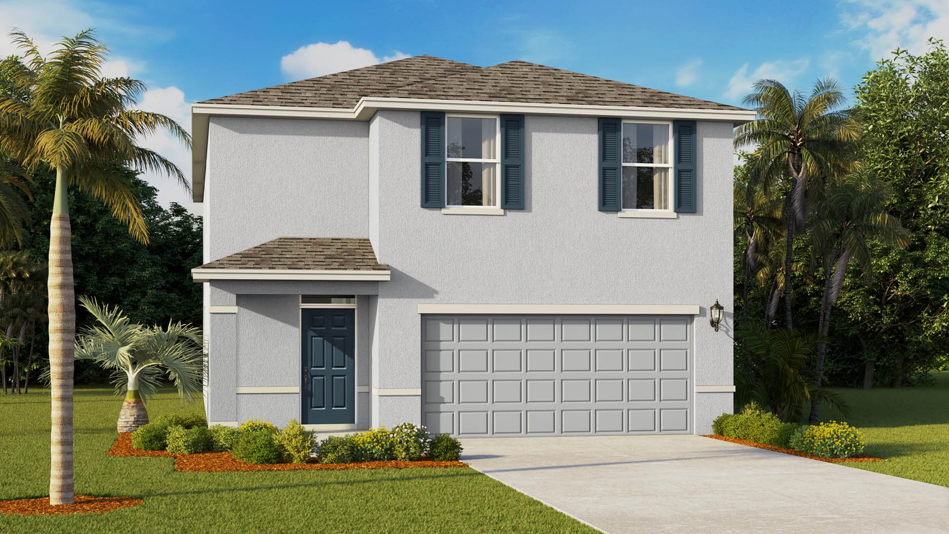A two-story, light-colored stucco home features a dark blue front door, matching window shutters on the upper level, and a gray two-car garage doors with a concrete driveway.