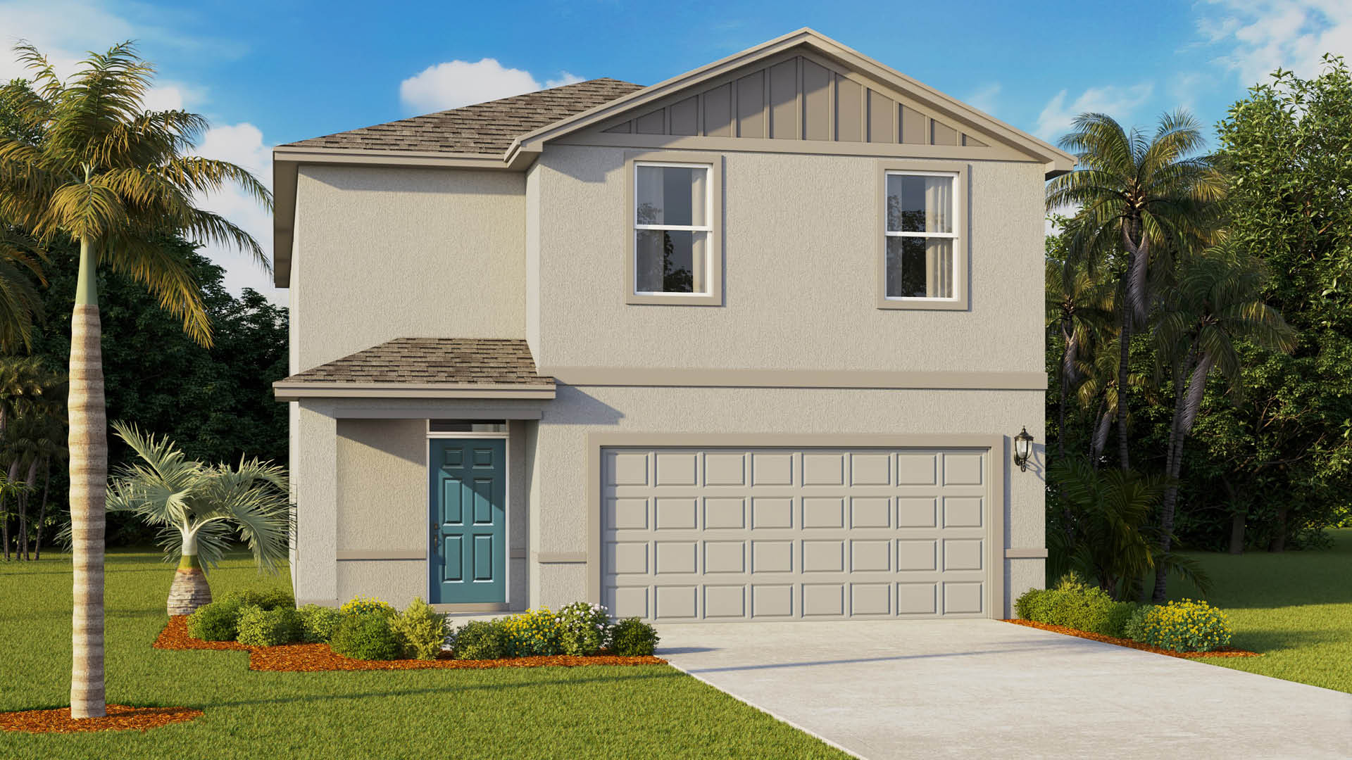 A two-story stucco home in a warm beige tone features a teal front door, vertical siding on the upper gable, and a gray two-car garage with matching concrete driveway.