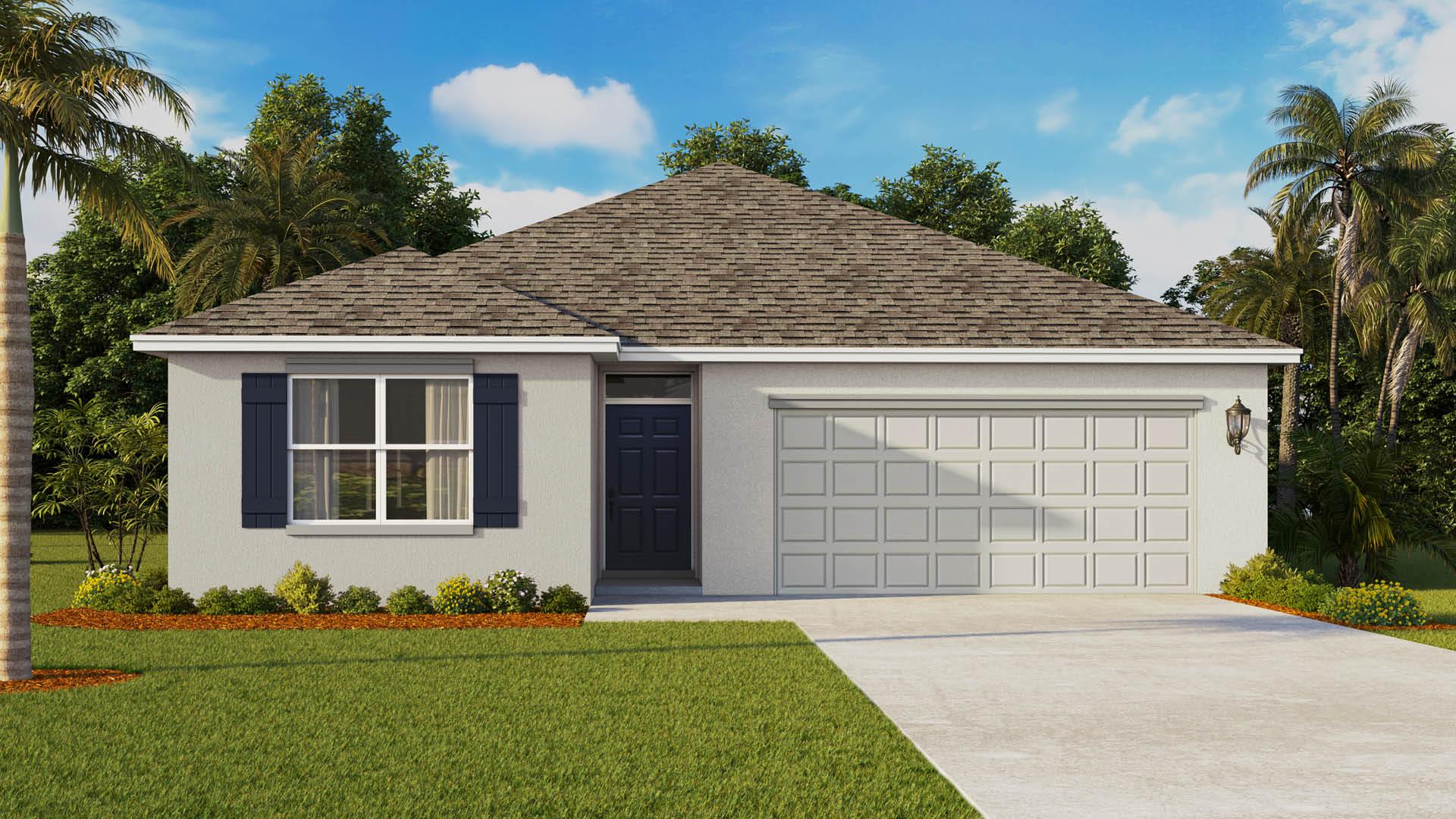 A single-story modern home with light stucco walls, a dark front door, navy blue shutters on a single front window, and a large two-car garage sits behind a manicured green lawn with palm trees.
