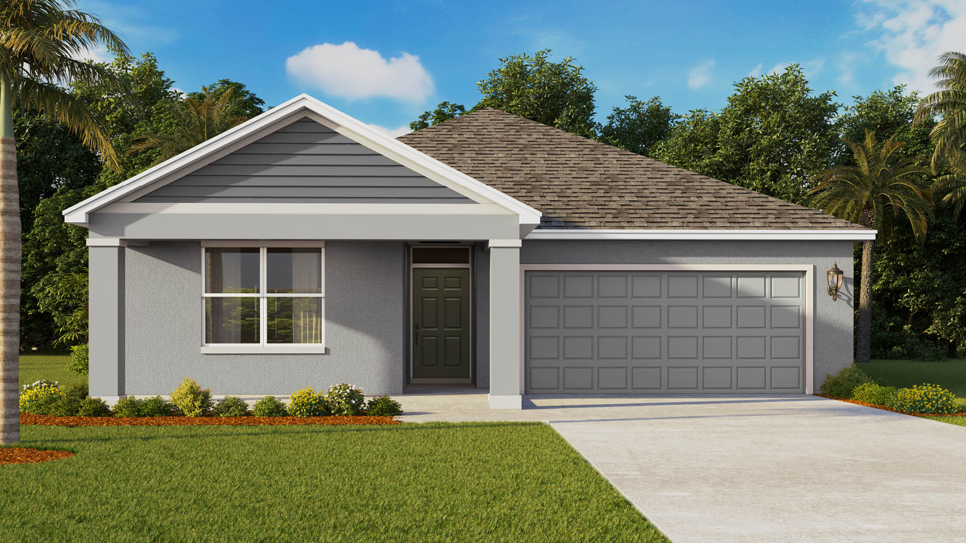 A single-story home features gray stucco walls, a prominent front-facing gable with horizontal siding over a single window, a covered entryway, and a two-car garage set against a green lawn with tropical trees.