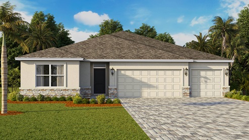 A modern single-family home with a gray roof, stone accents, and two-car garage and paver driveway.