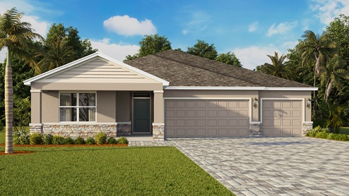 Modern single-story home with beige siding, stone accents, two-car garage, and paver driveway.