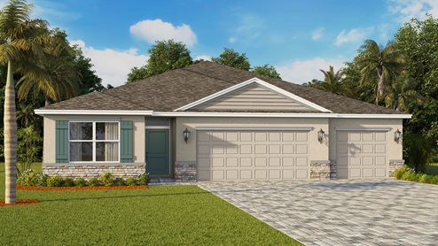 A modern one-story house with a light exterior, blue shutters, stone accents, three car garage and paver driveway.
