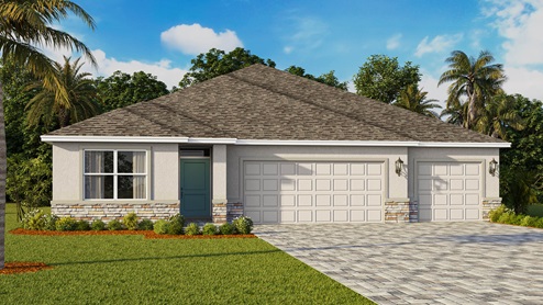 A modern single-story house with a gray exterior, stone accents, three car garage and paver driveway.