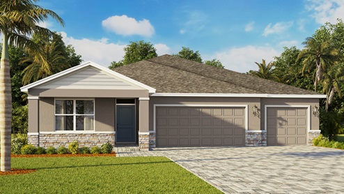 A modern single-story home featuring a stone-accented facade, three car garage, and paver driveway.