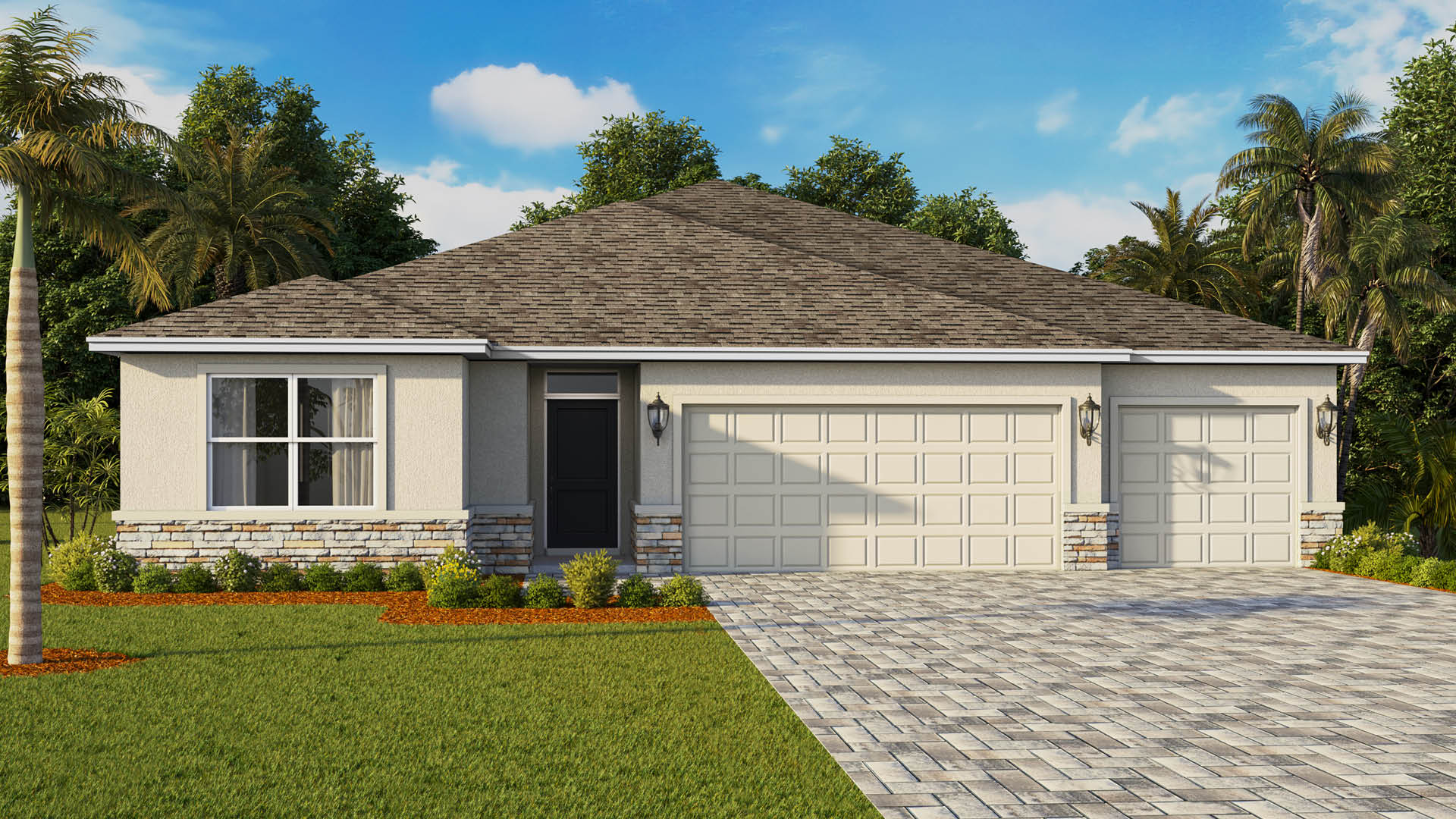 An exterior rendering showing a modern single-family home with a shingled roof and manicured landscaping.