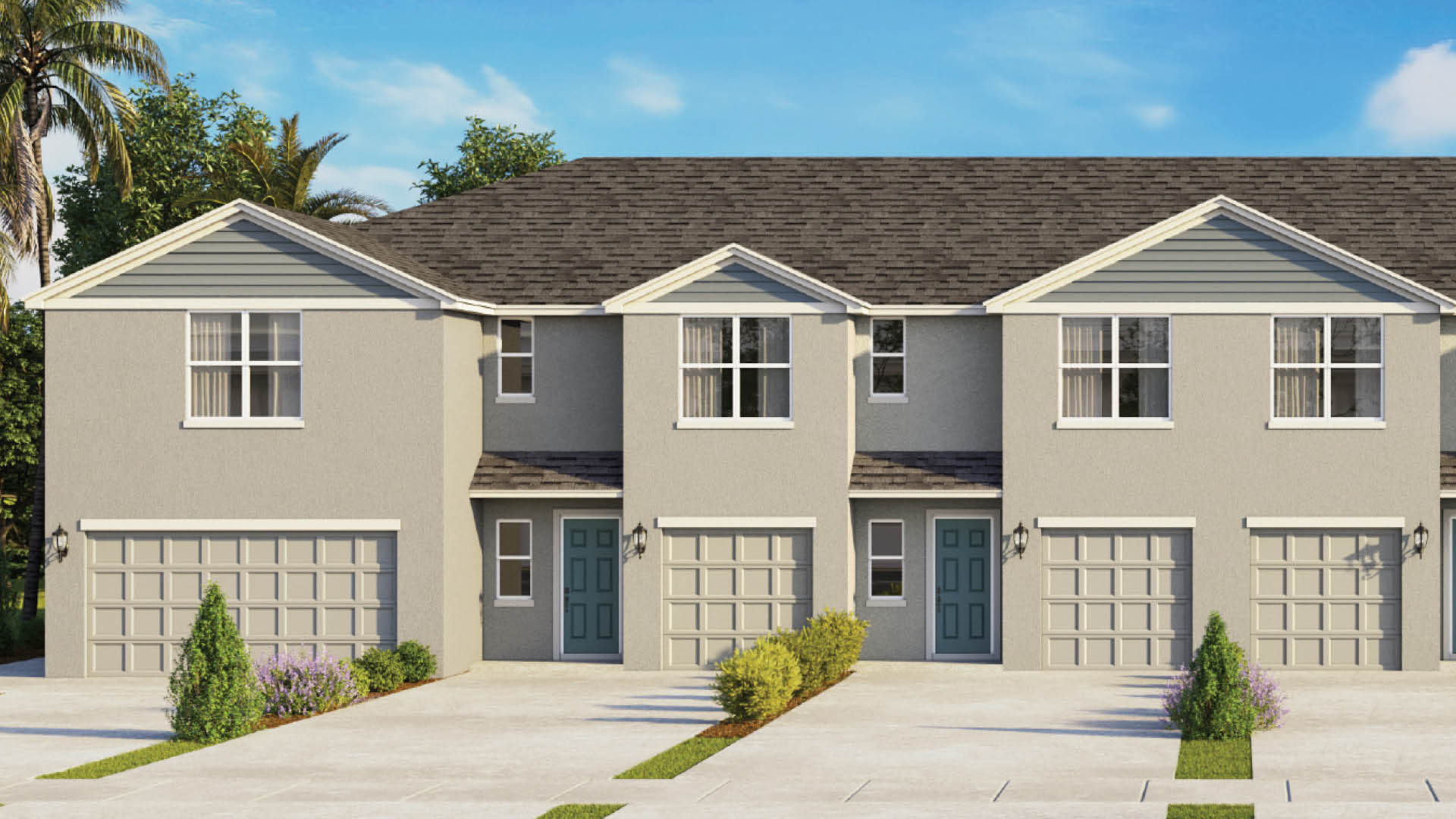 An exterior rendering showing a modern townhome with a shingled roof and manicured landscaping.