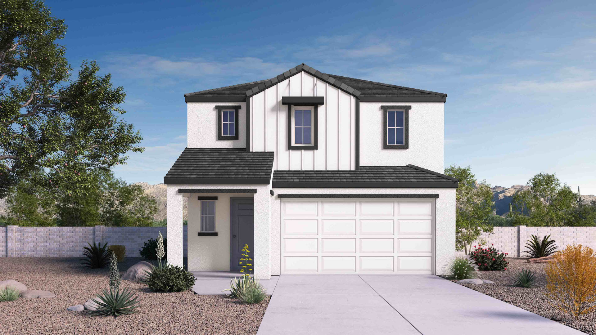 Newly built two-story home with modern architecture, a double garage, and landscaped front yard.