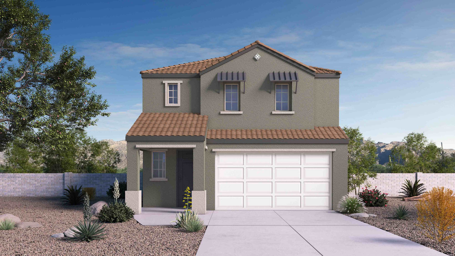 Newly built two-story townhome with modern architecture, a double garage, and landscaped front yard.