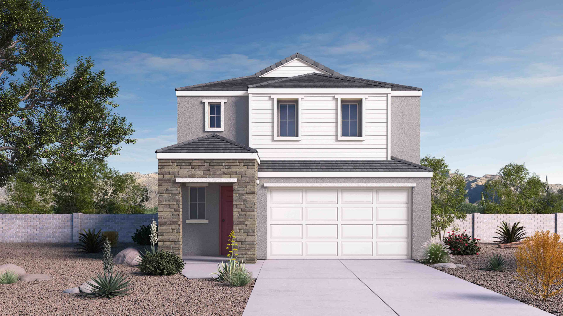 Exterior showing architectural details, driveway, and front elevation of the Mirage Plan