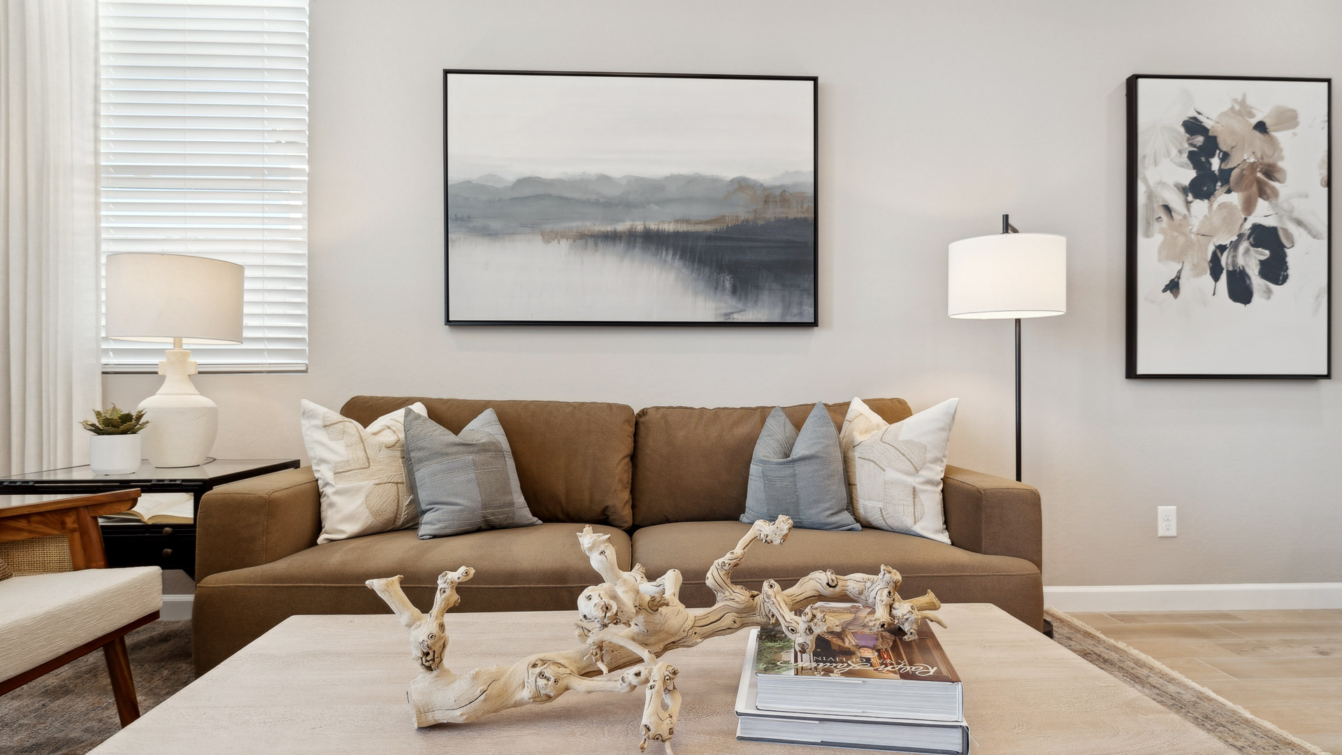 New home living room with modern design elements and open connectivity