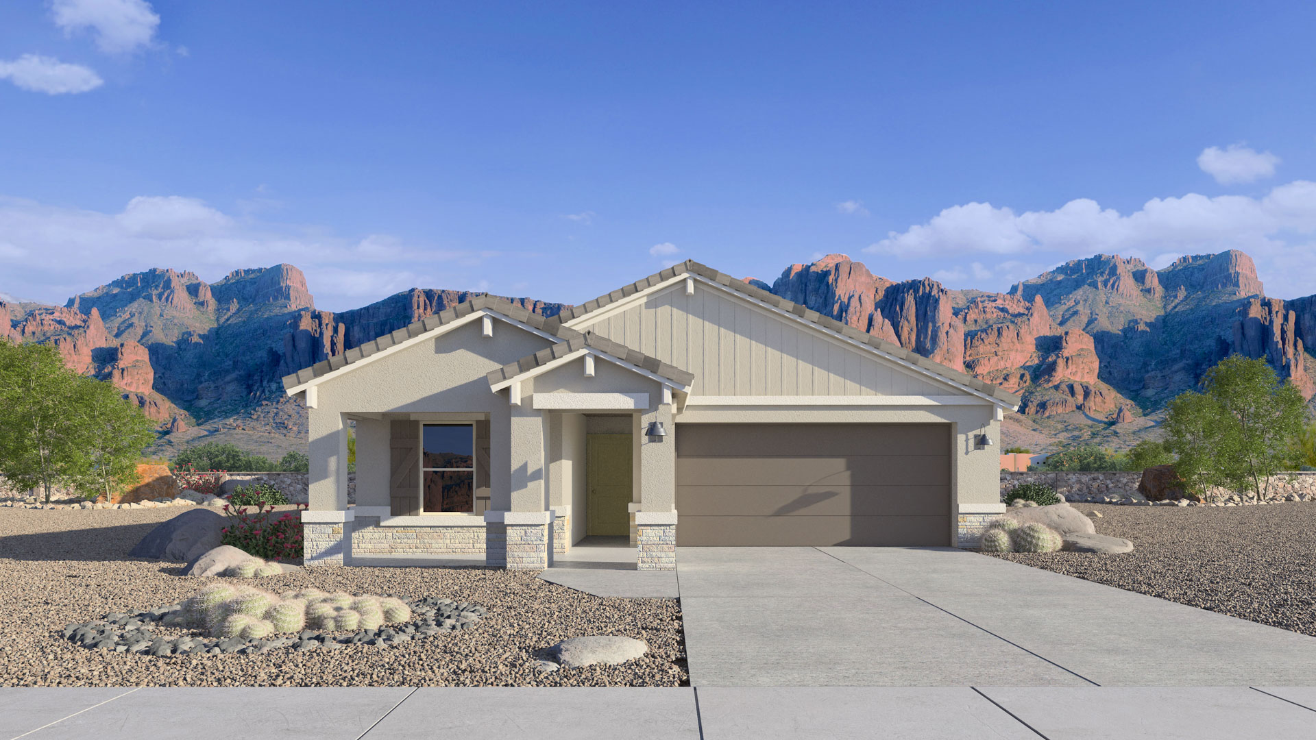 Newly built single-story home with modern architecture, a double garage, and landscaped front yard.