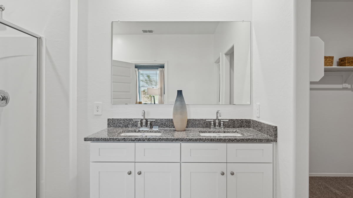 primary bathroom with dual vanities
