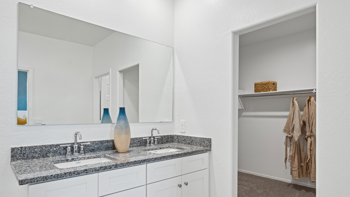 primary bathroom with dual vanities
