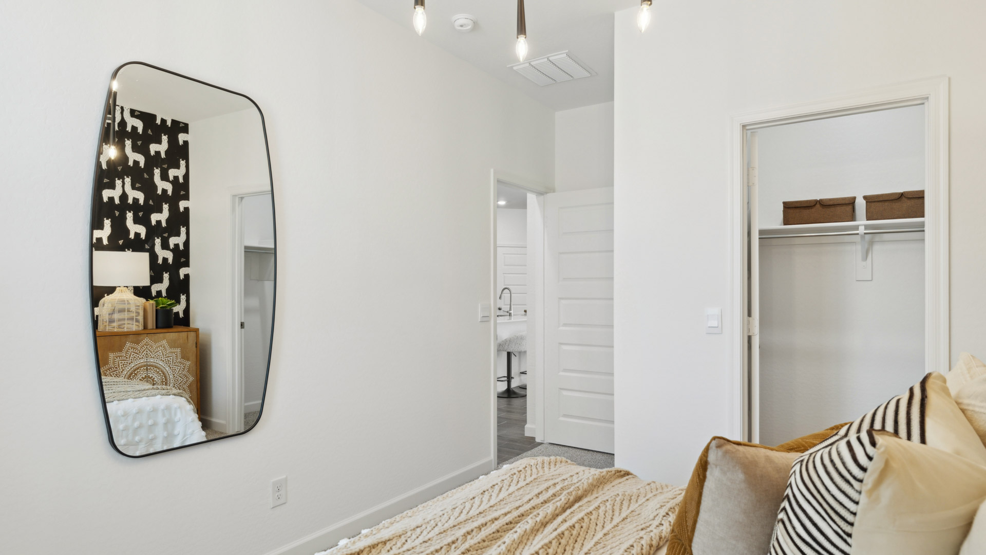Vibrant kid's room with large closet space.