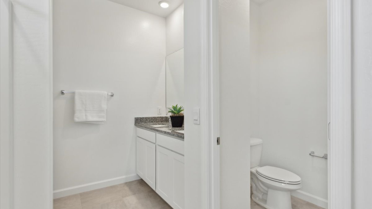 primary bathroom with dual vanities