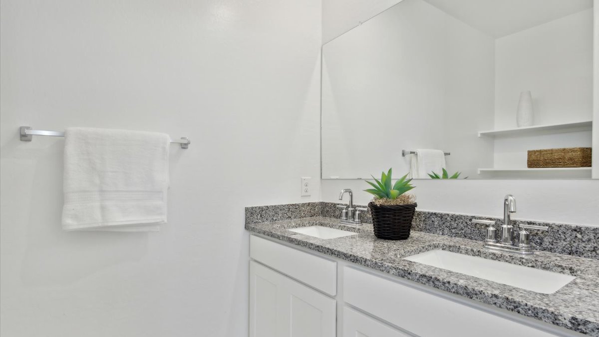 primary bathroom with dual vanities