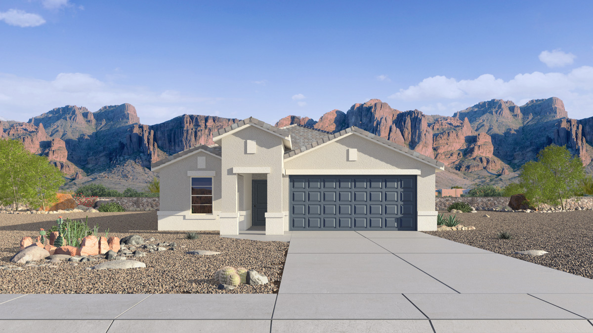 Newly built single-story home with modern architecture, a double garage, and landscaped front yard.