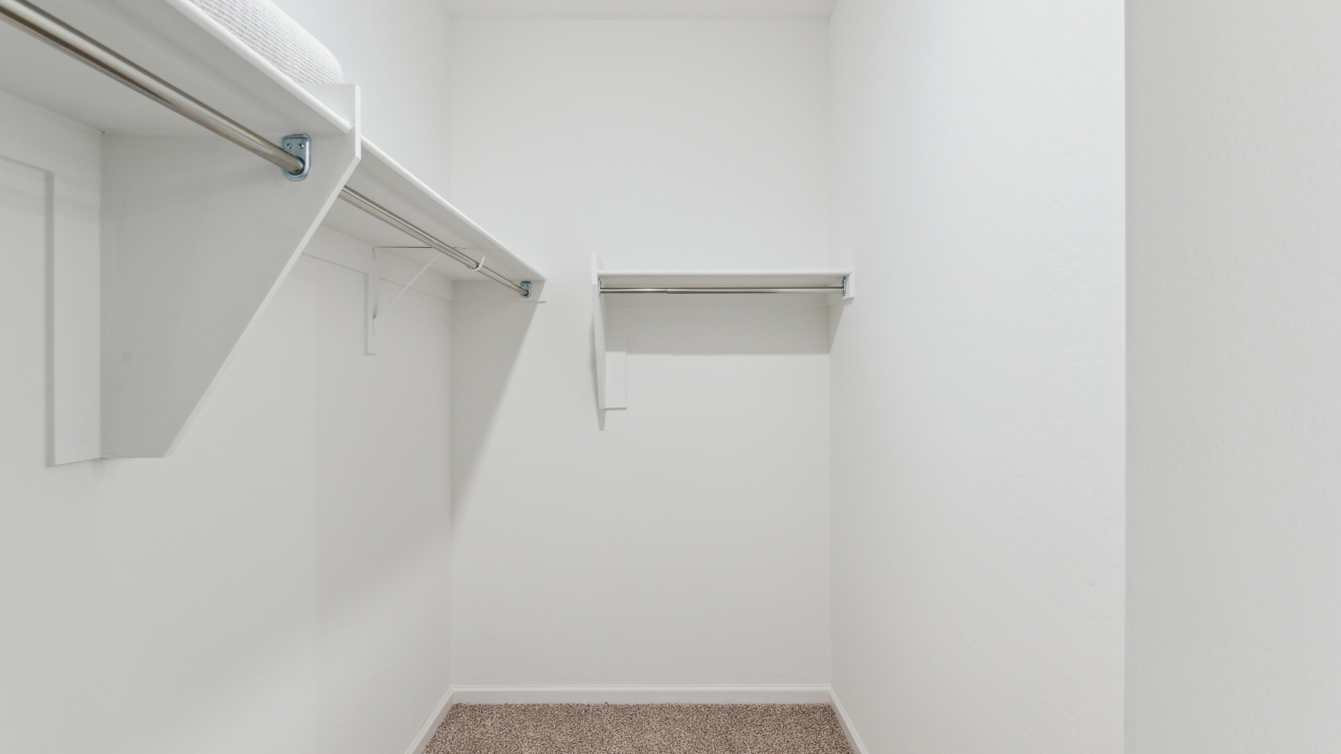 Modern primary bathroom with double vanities, countertops with a walk-in shower and a walk-in closet.