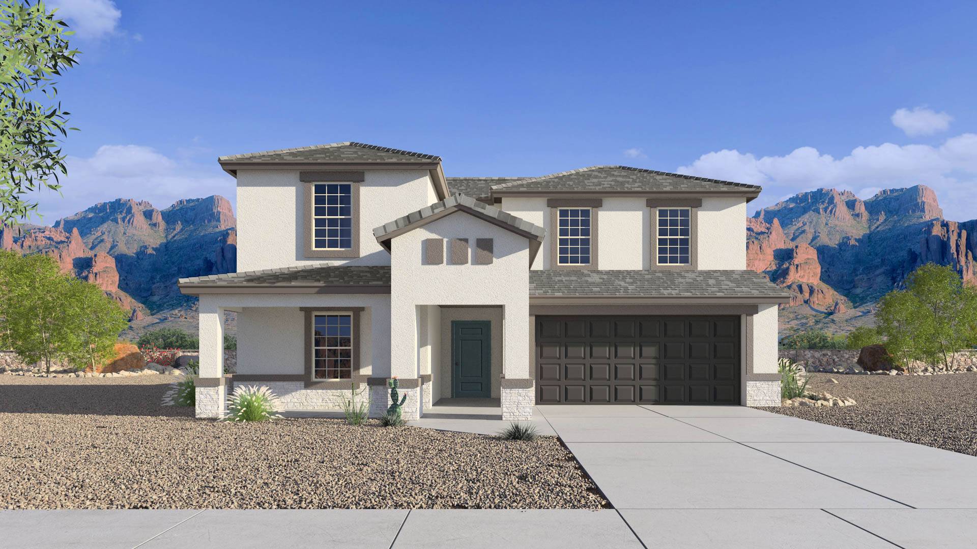 Newly built two-story home with modern architecture, a double garage, and landscaped front yard.