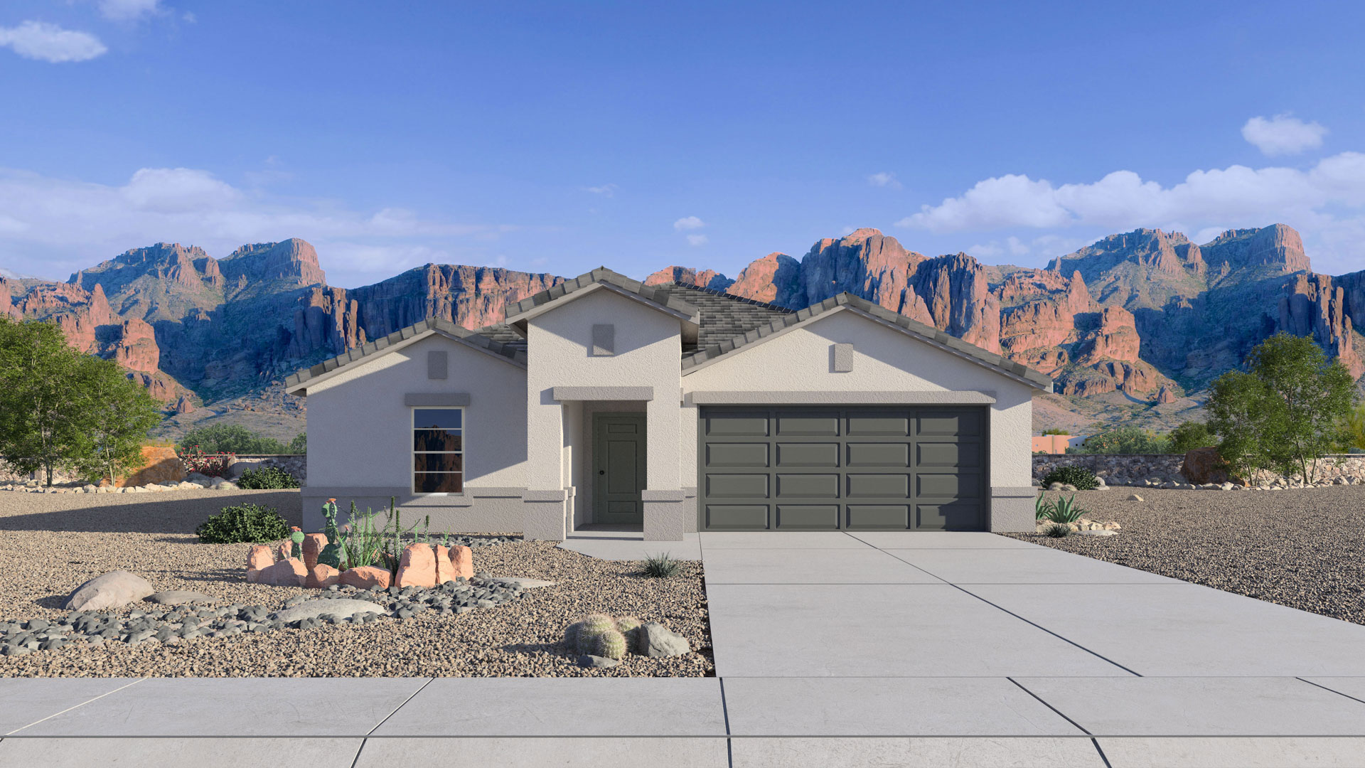 Newly built single-story home with modern architecture, a double garage, and landscaped front yard.
