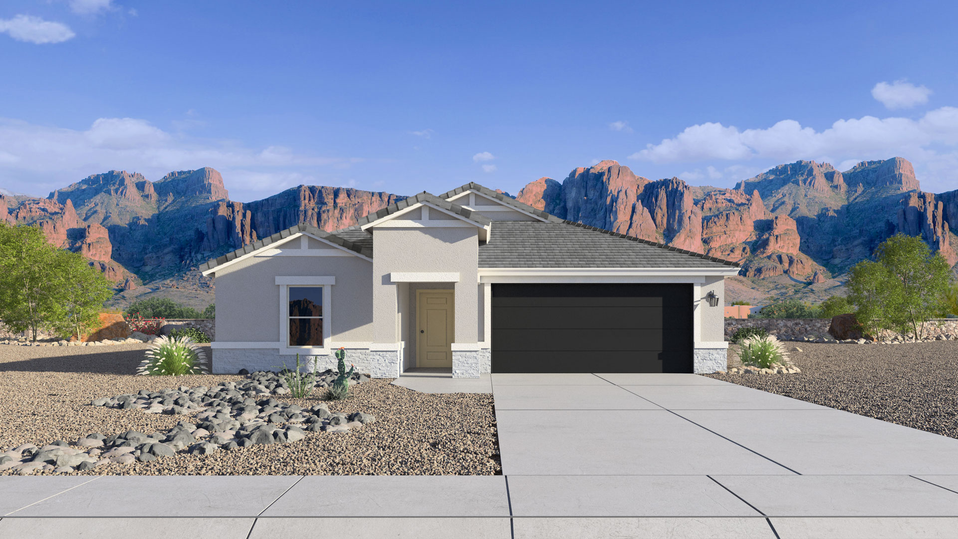 Newly built single-story home with modern architecture, a double garage, and landscaped front yard.