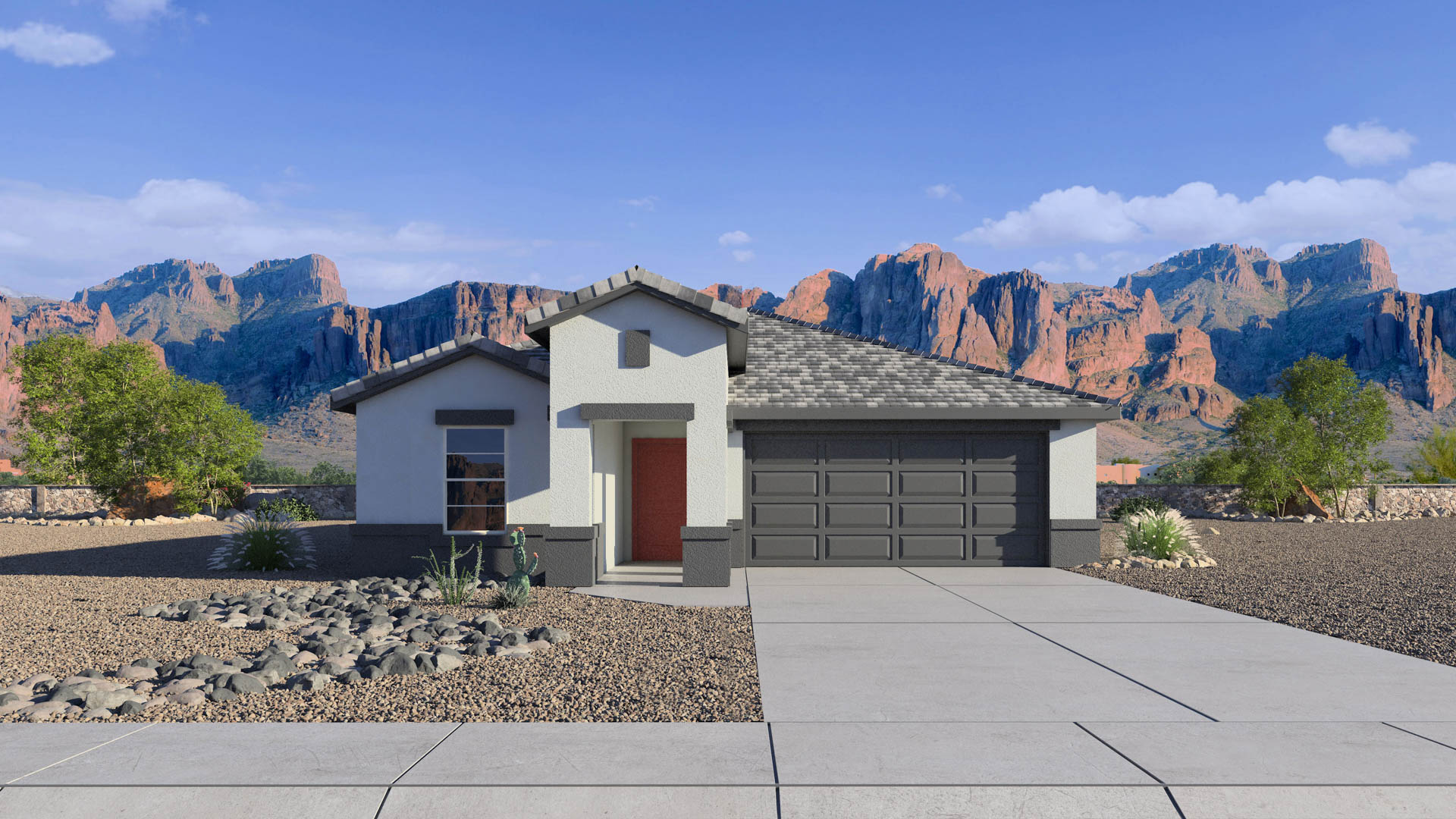 Newly built single-story home with modern architecture, a double garage, and landscaped front yard.